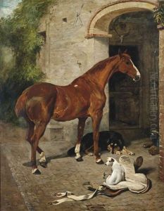A Chestnut Hunter With A Collie And Jack Russell Before A Stable by John Emms