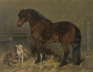 Horse In A Stable With Two Dogs by John Emms