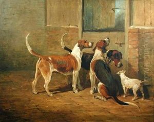 Hounds Waving Their Sterns, With A Lakeland Terrier By A Stable Door