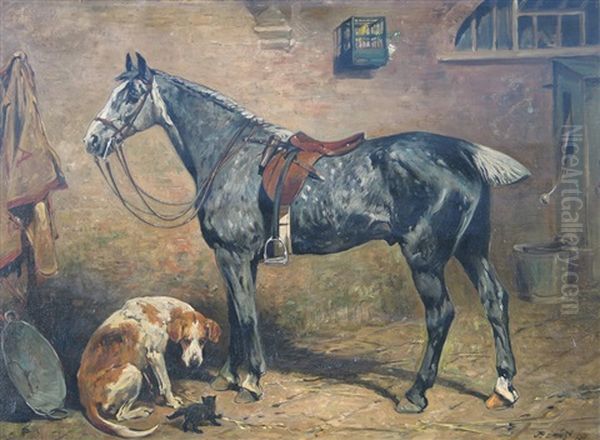 Villager And Buckler - A Grey Hunter, A Hound And A Kitten In A Stable - view 1