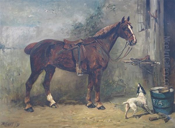 Windermere -  A Chestnut Hunter And A Dog By A Stable - view 1