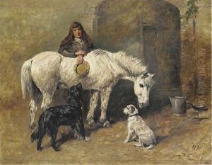 A Young Girl With A Pony And Dogs In A Courtyard