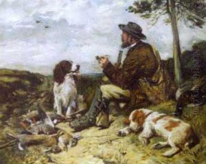 A Hunter And His Dogs At Rest After A Kill by John Emms