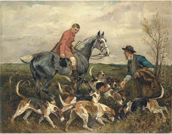 A Huntsman On Horseback With Foxhounds Greeting A Hedger In A Landscape - view 1