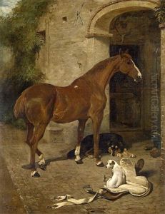 A Bay Hunter With A Collie And A Jack Russell Outside A Stable by John Emms