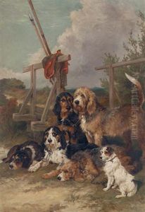 Otter Hounds And A Terrier By A Bridge - Tired Out by John Emms