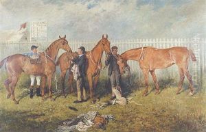 The Dumfrieshire Hunt Point To Point 1890, Meadow Street, Winner, With Jockey, Groom, Two Other Horses And A Groom by John Emms