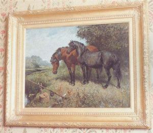 Ponies On A Riverbank Standing By A Rod And Creel