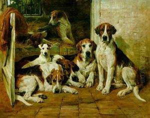 Hours Of Idleness - Foxhounds And A Terrier In A Kennel by John Emms