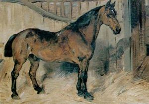 A Bay Carriage Horse In A Loosebox by John Emms