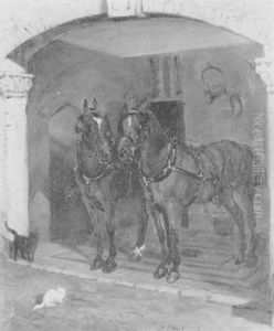 Two Bay Carriage Horses Before A Stable by John Emms