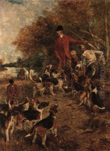 Huntsman And Hunt Staff At Earth With Hounds And A Terrier by John Emms