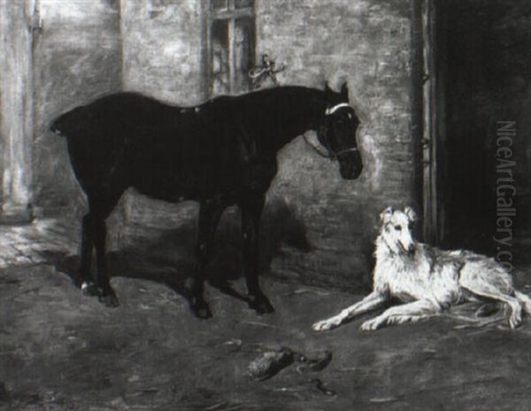 Bay Hunter And A Borzoi Outside A Stable Door - view 1