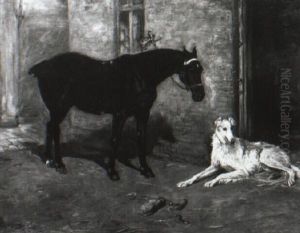 Bay Hunter And A Borzoi Outside A Stable Door by John Emms