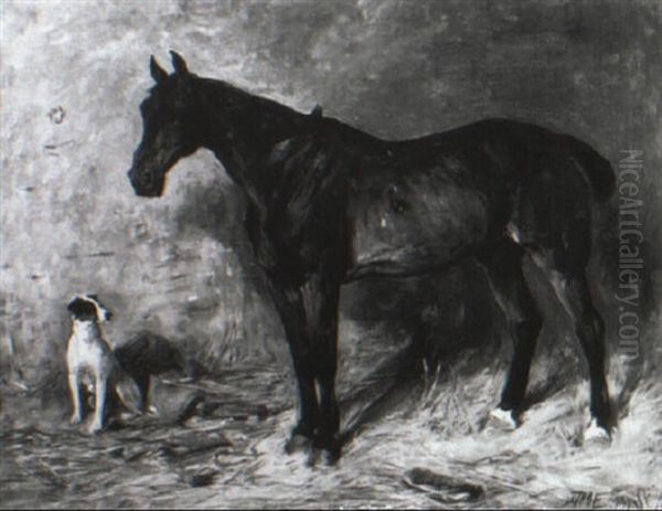 Bay Horse And A Terrier In A Stall - view 1
