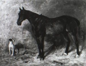 Bay Horse And A Terrier In A Stall