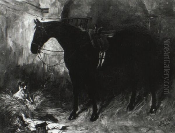 Saddled Hunter And A Terrier In A Stall - view 1