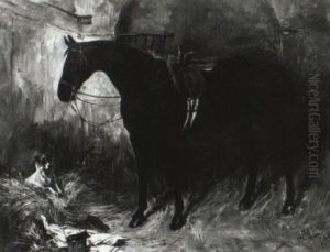 Saddled Hunter And A Terrier In A Stall by John Emms