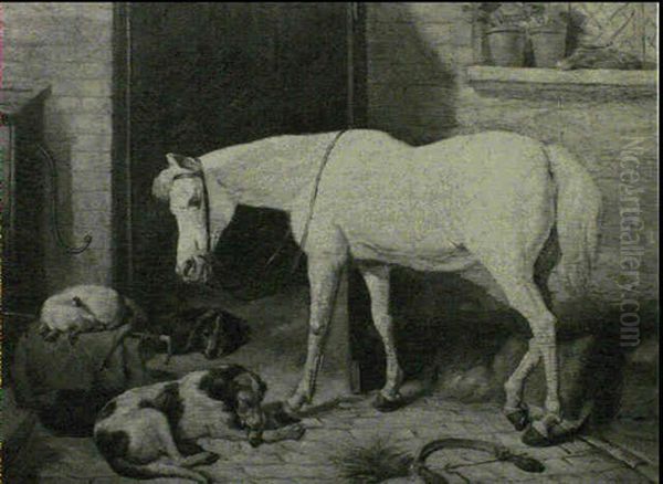 A Grey Pony With Resting Hounds Before A Stable - view 1