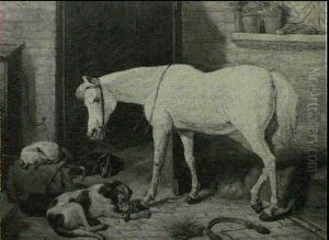A Grey Pony With Resting Hounds Before A Stable by John Emms