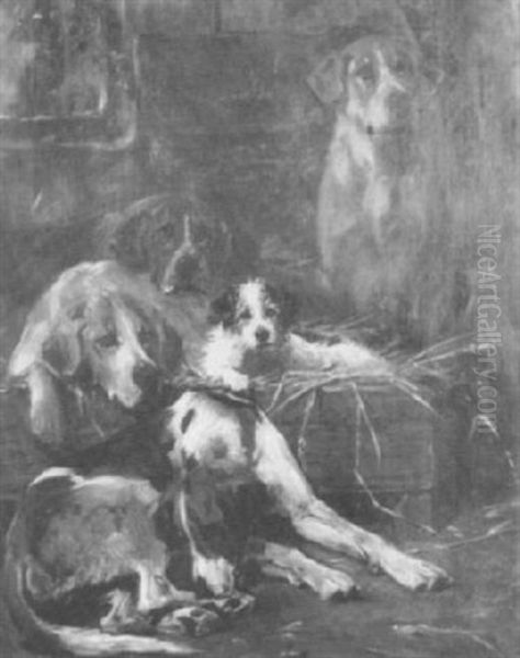 Hounds With A Terrier In A Barn - view 1
