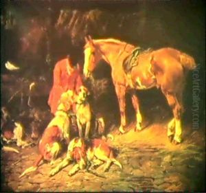 Huntsman In A Stable With Fox Hounds And A Chestnut Hunter by John Emms