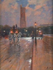 Fiacre La Nuit Devant La Tour Saint Jacques by Raoul Arus