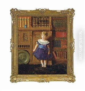 Portrait Of Maria, Standing Full-length, In A Purple Dress And Blue Sash, In The Library by Alfred Edward Emslie