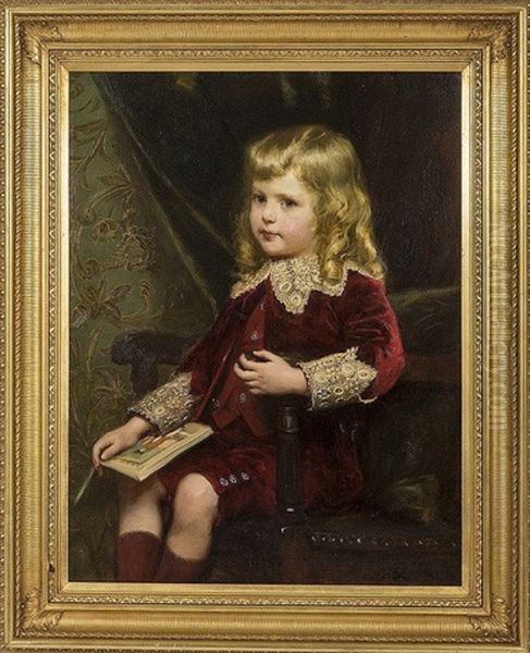 Young Boy In Red Velvet Suit, With Lace Trim Holding A Book, In The Guise Of Little Lord Fauntleroy - view 1