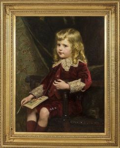 Young Boy In Red Velvet Suit, With Lace Trim Holding A Book, In The Guise Of Little Lord Fauntleroy by Alfred Edward Emslie