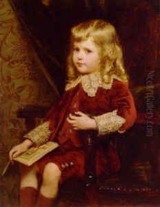 Portrait Of A Young Boy In A Red Velvet Suit With Lace Trim, Holding A Book In His Right Hand by Alfred Edward Emslie