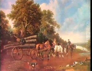 Holzabfuhr In Weiter Baum- Bestandener Flusslandschaft