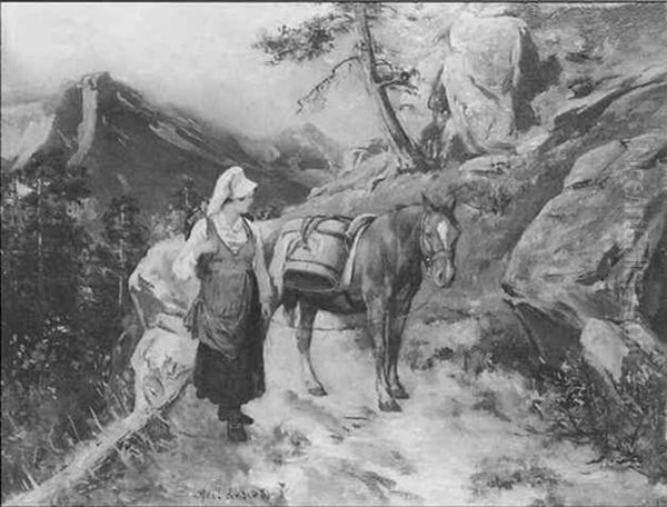 Woman With A Pack Horse On A Mountain Path - view 1