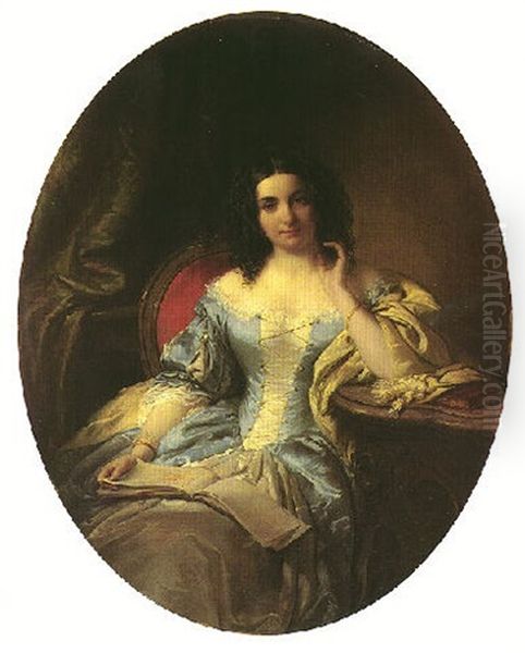 Portrait Einer Sitzenden Dame Im Blau Und Weissen Kleid - view 1