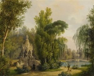 A Gothic Memorial In A Park, A Bridge And Lake Beyond A Gothic Memorial In A Park, A Bridge And Lake Beyond