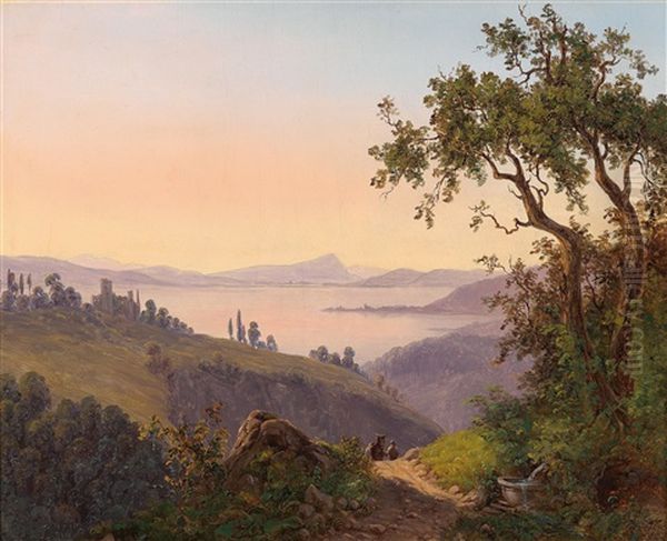 Italienische Landschaft Mit Burgruine Und Bauer Mit Maultier - view 1