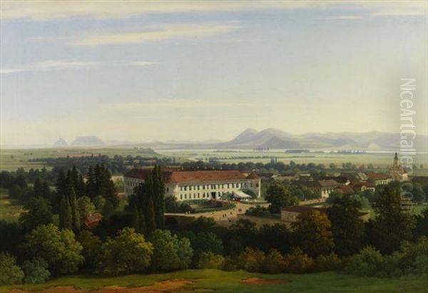 Blick Auf Das Dorf Pruske Mit Dem Schloss Der Graflichen Familie Konigsegg-aulendorf Und Der Kirche St. Peter Und Paul Im Waagtal, In Der Nahe Der Heutigen Stadt Ilava, In Der Nordwestlichen Slowakei - view 1