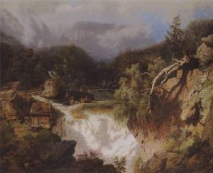 Romantisk Bjerglandskab Med Brusende Vandfald by Thomas Ender