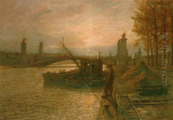 Barges On The Seine Before Pont Alexandre Iii With The Eiffel Tower Beyond - view 1
