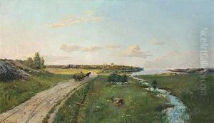 Landskab Med Hestevogn Pa En Grusvej, I Baggrunden Kirke Med Logkupler by Ivan Ivanovich Endogouroff