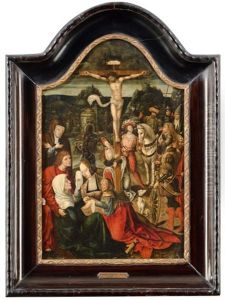 Kreuzigung Christi. Figurenreiches Geschehen Auf Dem Kalvarienberg, Im Vordergrund Die Muttergottes, Von Johannes Und Maria Magdalena Getrostet by Cornelius Engebrechtsz
