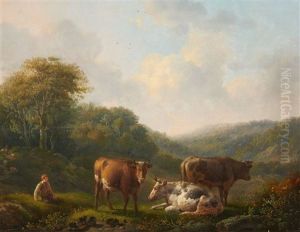 Landscape With A Shepherd And Cattle by Adolf Karel Maximilian Engel