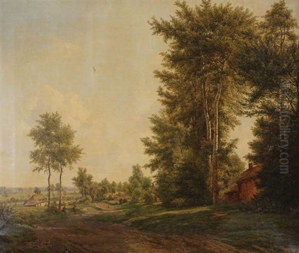 Paysage Champetre Aux Environs De Courtrai Anime De Voyageurs - view 1