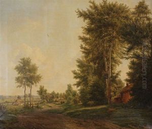 Paysage Champetre Aux Environs De Courtrai Anime De Voyageurs by Adolf Karel Maximilian Engel