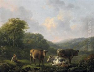 Rastender Viehhirt In Sommerlicher Hugellandschaft by Adolf Karel Maximilian Engel