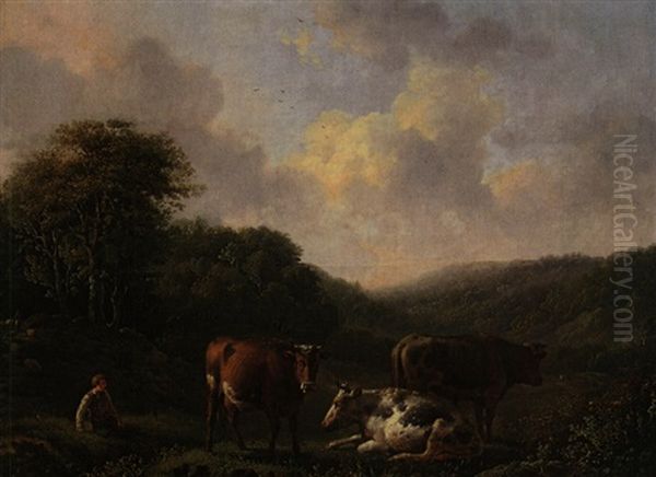 Hugelige Landschaft Mit Hirte, Zwei Kuhen Und Stier - view 1