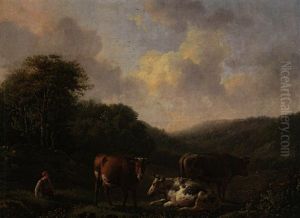 Hugelige Landschaft Mit Hirte, Zwei Kuhen Und Stier by Adolf Karel Maximilian Engel