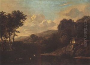 A Mountainous Landscape With Cattle Bathing by Adolf Karel Maximilian Engel
