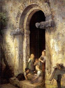 Spielende Kinder An Einem Romanischen Kirchentor by Karl (von den Rabenau) Engel