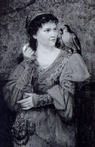 Dame In Rotem Kleid Mit Papagei Auf Der Schulter - view 1